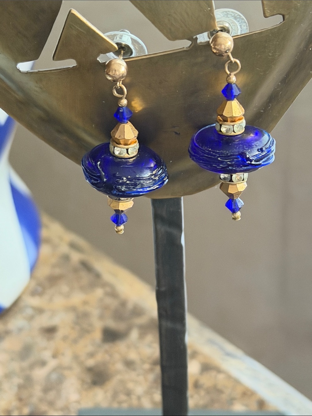 Handcrafted Cobalt Blue Glass Bead Drop Earrings good ball posts pierced